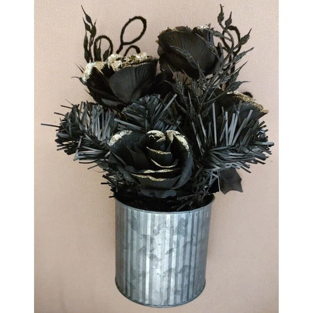 Artificial Flower Bouquet Arrangement Corrugated Tin Vase Black Gold Gray Rose